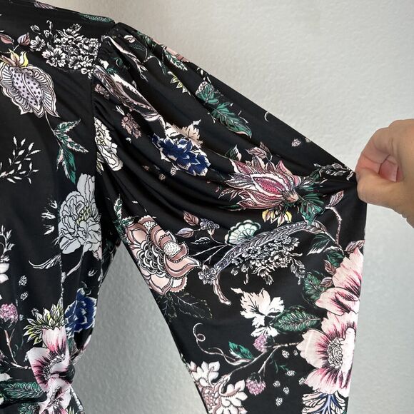 AFRM Womens Maxi Flare Dress M Medium Black Floral Balloon Long Sleeve Open Back - Picture 2 of 8